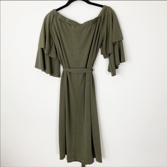 ANTHROPOLOGIE Sunday in Brooklyn Olive Off Shoulder Dress Casual Tie Waist SP - Picture 5 of 8